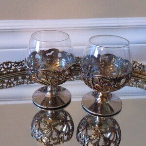 Vintage EP Antimony Set of 2 Ornate Silver Covered Wine Goblets, Silver Decorate
